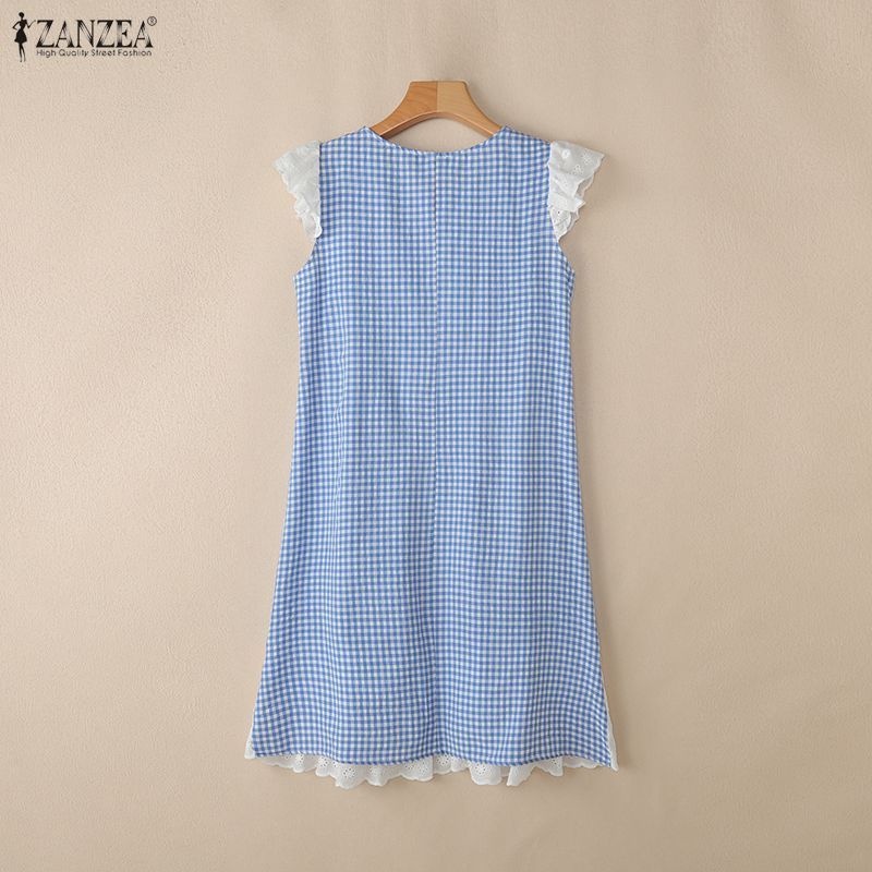 ZANZEA ชุดเดรสคอกลมลําลองสไตล์เกาหลีของผู้หญิง Ruffles Patchwork Checkered Dress — صورة 8