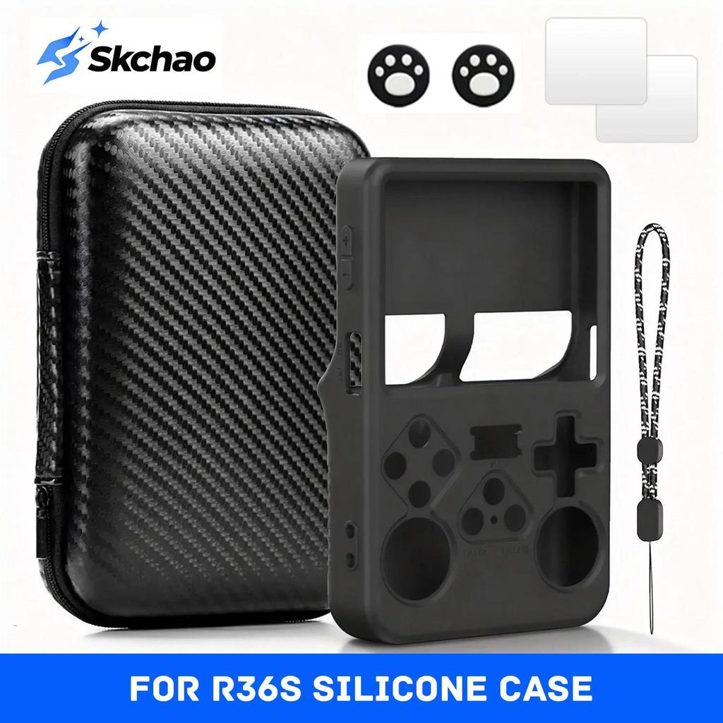 Portable Storage Bag Silicone Case with Screen Protectors for R36S Game Console Tempered Glass Prote