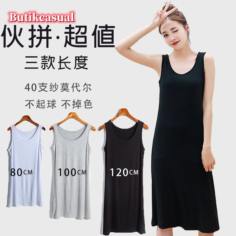 ผู้หญิง Modal Tank Dresses Plain สบาย Casual Loungewear 2025 ฤดูร้อนขนาดกลางยาวด้านบนหลวม Midi Dress