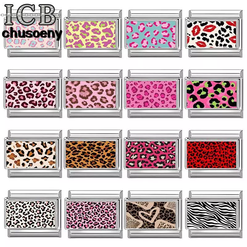 สีสันเสือดาวพิมพ์อิตาเลี่ยน Charm Modular สร้อยข้อมือไทเทเนียมเหล็กปั๊มคู่ DIY สร้อยข้อมืออุปกรณ์เสริม