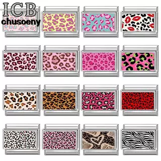 สีสันเสือดาวพิมพ์อิตาเลี่ยน Charm Modular สร้อยข้อมือไทเทเนียมเหล็กปั๊มคู่ DIY สร้อยข้อมืออุปกรณ์เสริม