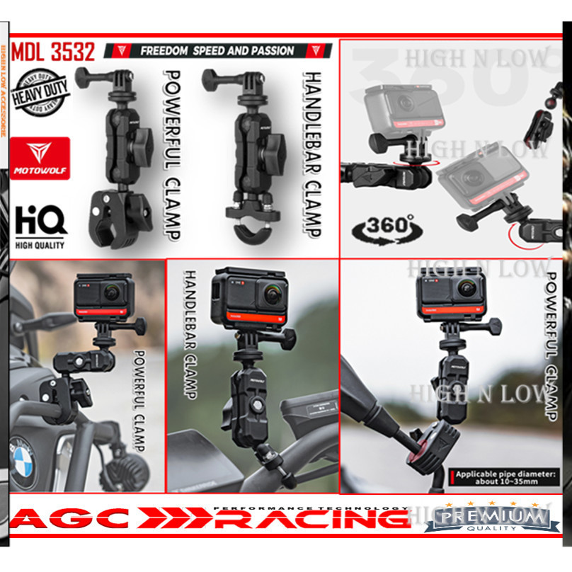 MOTOWOLF MDL3532 กล้อง Dashcam GoPro Mount CRASH BAR POWER CLAMP HANDLEBAR HEAVY DUTY กล้อง BRACKET 
