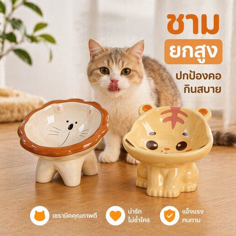 ชามแมว เซรามิก ยกสูง กันคอ ชามอาหารแมว ชามน้ำแมว ลายการ์ตูน ปากกว้าง กันหก สัตว์เลี้ยง