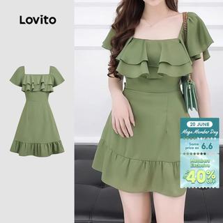 Lovito Women Casual Dress Ruffle Zipper Spring/summer Green Dress L189ED903