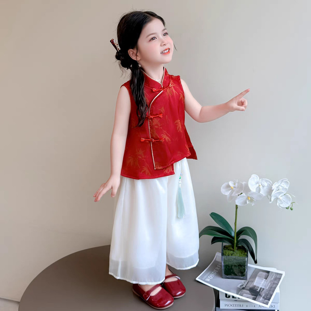 Pixbkids-[ก360]ชุดกางเกงขากว้างแขนสั้นสไตล์จีนของเด็กผู้หญิงสไตล์จีนใหม่เสื้อแขนกุดเสื้อและกางเกงชุดสองชิ้นฤดูร้อน