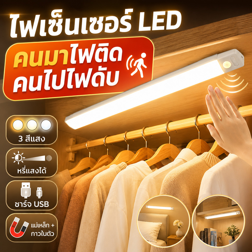 ไฟเซ็นเซอร์ LED ติดตู้เสื้อผ้า ตู้ครัว ตู้โชว์ หัวเตียง ไฟไร้สายชาร์จ USB 3 สี หรี่แสงได้ แม่เหล็กติดง่าย 20/40/60ซม.