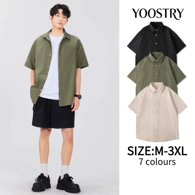 YOOSTRY เสื้อเชิ้ตผู้ชาย แขนสั้น ผ้าไอซ์ซิลค์ เย็นสบาย ไม่ต้องรีด เสื้อเชิ้ตทำงาน ระบายอากาศ M-5XL