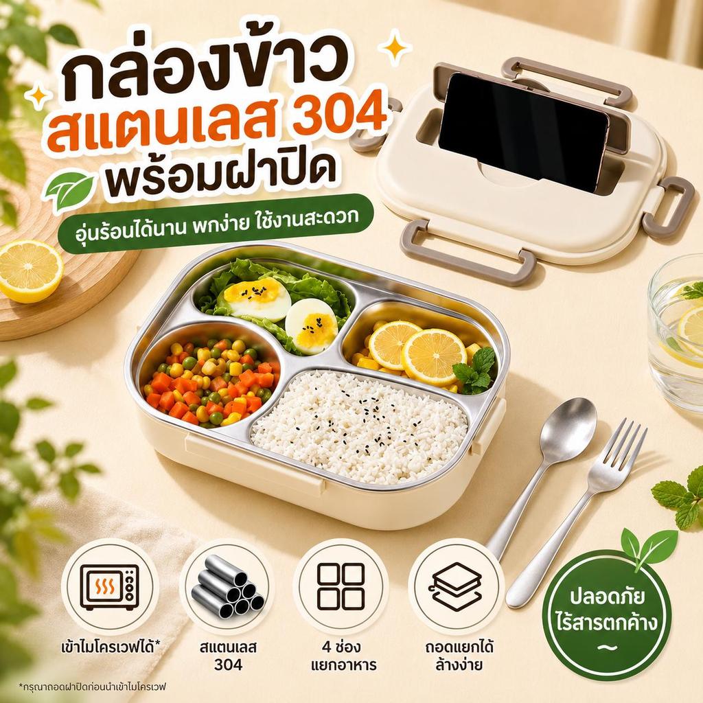 【แถมช้อนส้อม】กล่องข้าวสแตนเลส 304 เก็บความร้อน แบบแบ่งช่อง ความจุใหญ่ สำหรับนักเรียนและพนักงานออฟฟิศ