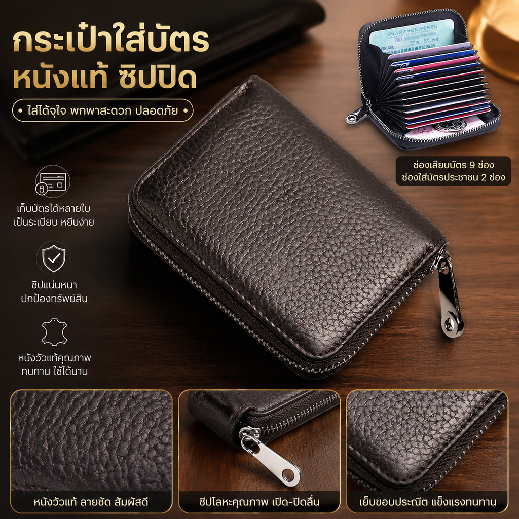 [ในสต็อก⛵️] กระเป๋าสตางค์ใส่บัตรหนัง ทนทาน ซิปเรียบ ป้องกันไม่ให้บัตรหลุดออกมาโดยไม่ตั้งใจ