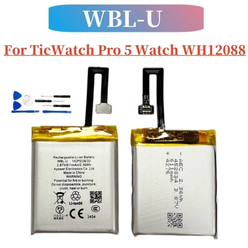 611mAh WBL-U แบตเตอรี่นาฬิกาสําหรับ TicWatch Pro5 Pro 5 WH12088 + เครื่องมือฟรี