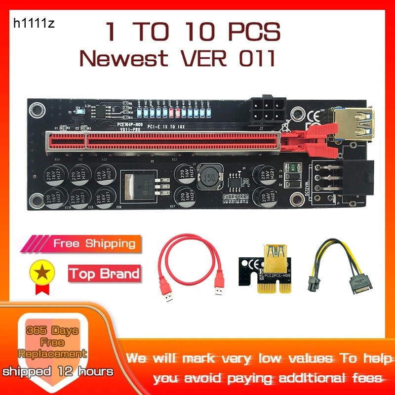1-10PCS VER011 PCIE Riser การ์ด 011 Riser PCI Express X16 Extender 0.6M USB3.0 สาย SATA ถึง 6P Power