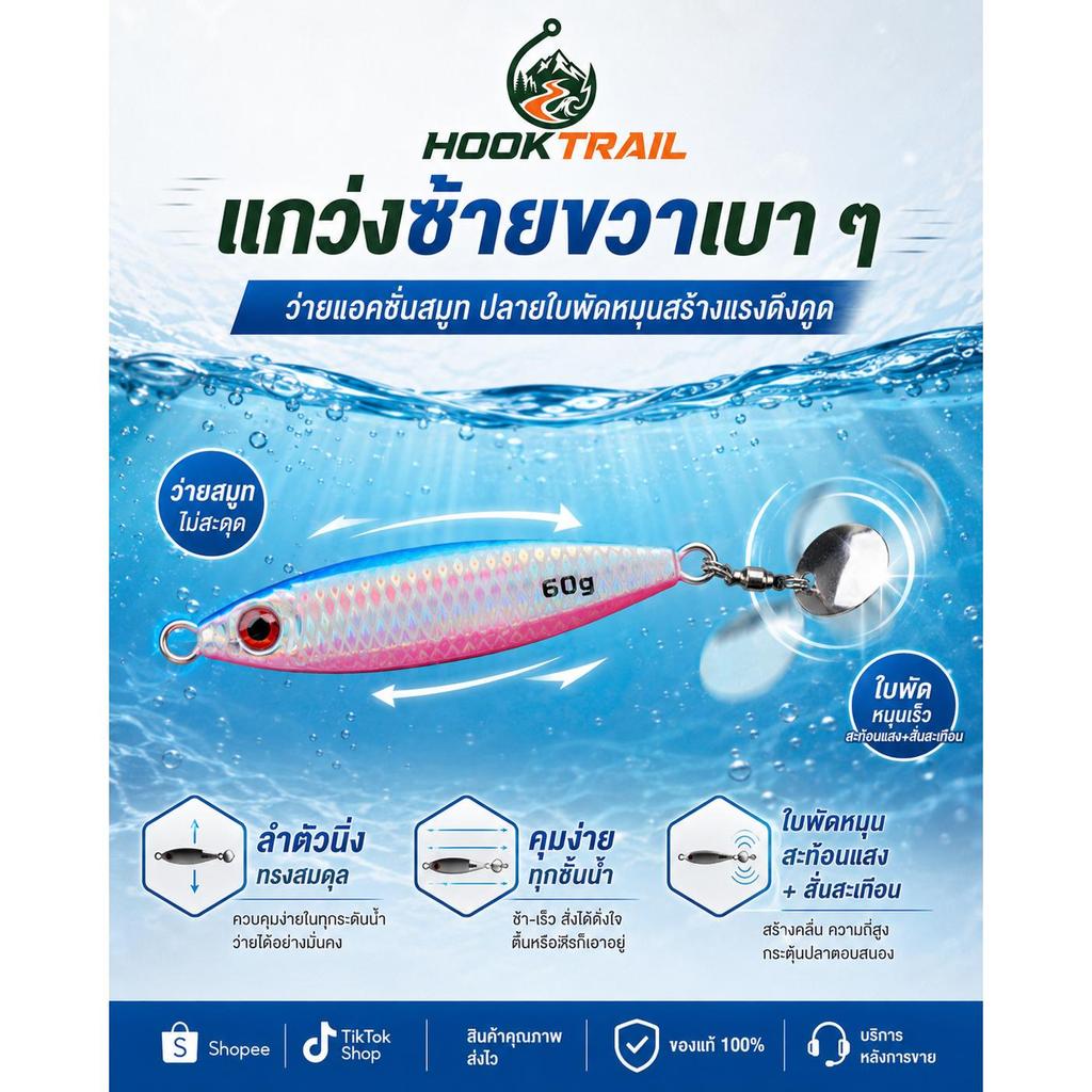 HOOKTRAIL Little Fatboy เหยื่อปลอม Slow Twitch เหยื่อทะเล ใบพัดโลหะหมุนลูกปืน ตะขอเดี่ยว สะท้อนแสง UV ตกปลากะพง ปลาหางเห