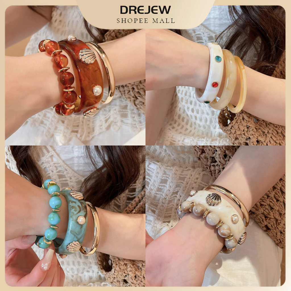 DREJEW กำไลข้อมือชุด 3 ชิ้น เรซินผสมโลหะ ตกแต่งเปลือกหอยไข่มุกเทียม สไตล์วันหยุดแฟชั่น สวมใส่สบายประจำวัน มีหลายสีให้เลือก