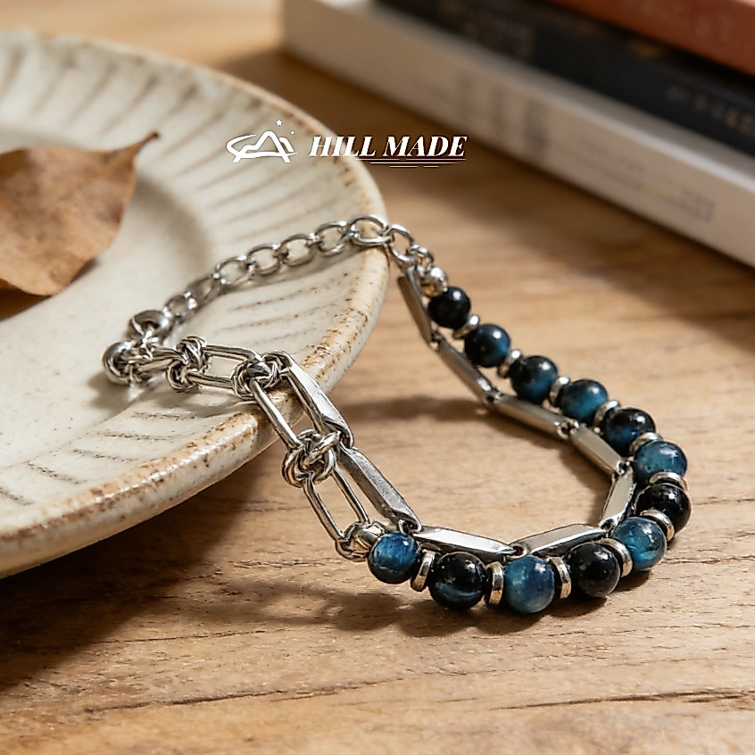 Double Layer Blue Tiger Eye Stone สร้อยข้อมือเหล็กไทเทเนียม/แฟชั่นไม่ซีดจาง Hip-Pop สไตล์สร้อยข้อมือสําหรับชาย HMB05