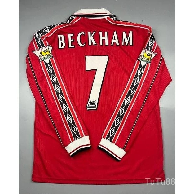 เสื้อฟุตบอล Retro Manchester United 98-99 แบบแขนยาว ออกแบบตามต้องการ มีภาพของ BECKHAM, KEANE และ SOLSKJAER