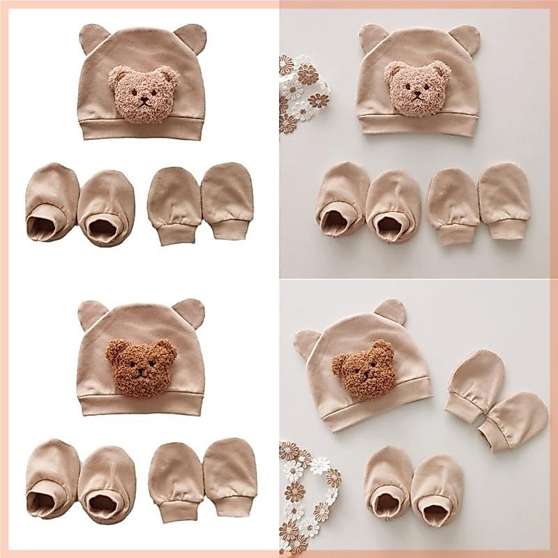 ซีซี 1เซ็ตน่ารักทารกแรกเกิด ฝากระโปรง หมวกลายหมีตุ๊กตารวมถุงมือและถุงเท้า