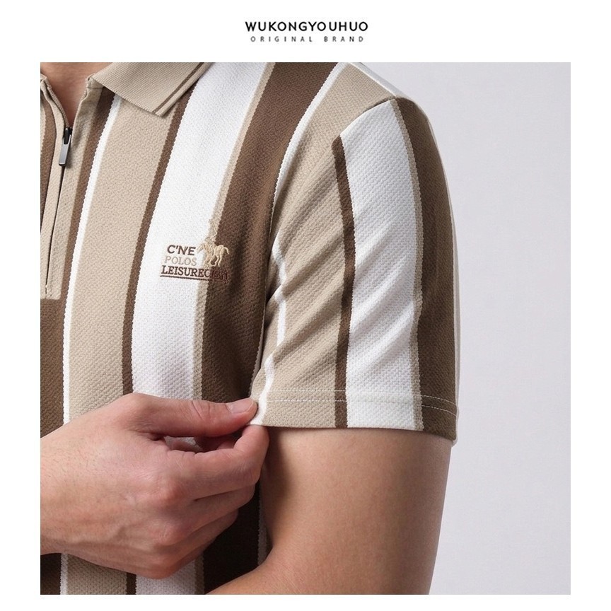 เสื้อเชิ้ตชายแขนสั้น คอปก Polo Shirt ลายทางพิมพ์ มีซิป รูปที่ 4