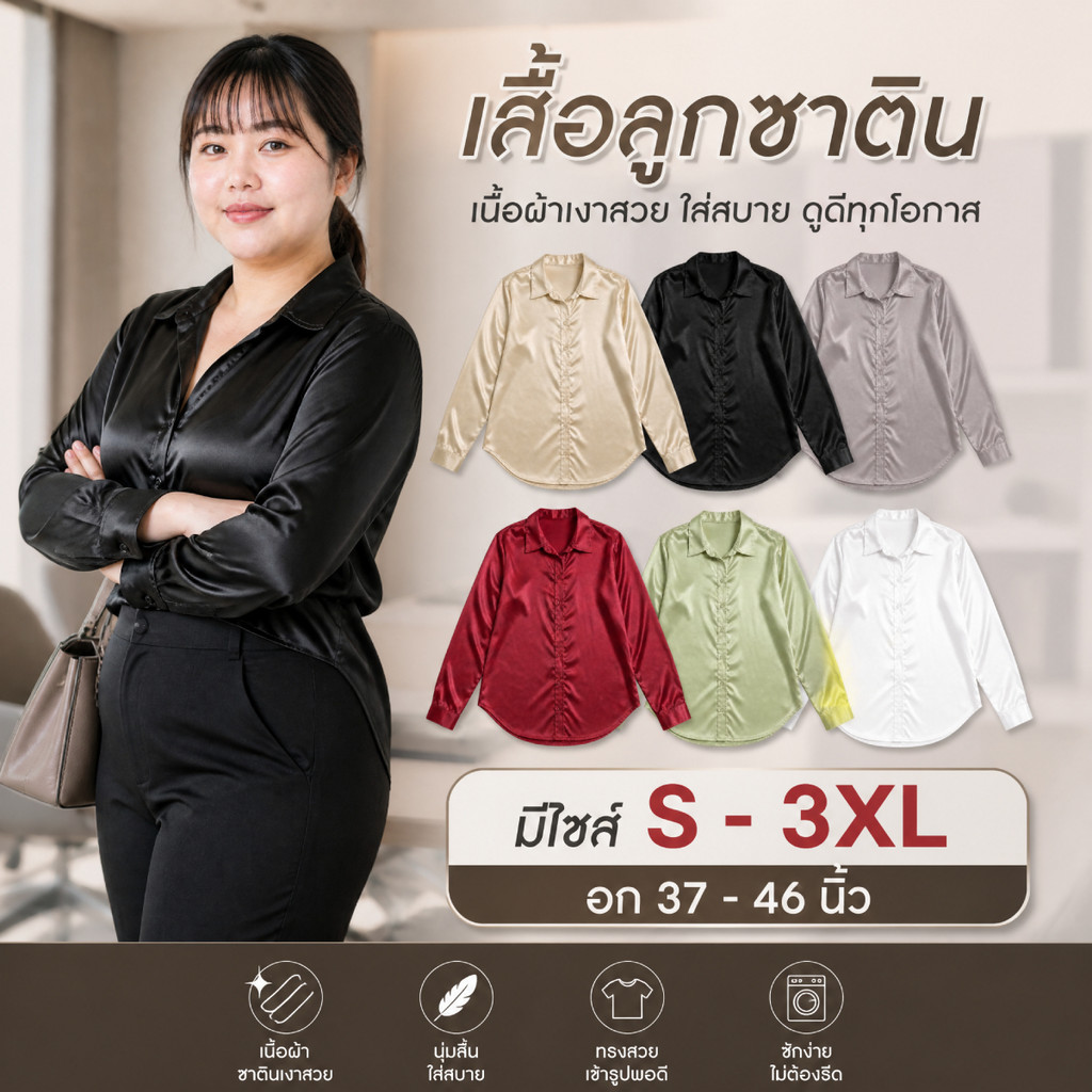 เสื้อเชิ้ตซาตินสาวอวบ มีไซส์ S-3XL ลุคคุณหนูไฮโซ ผ้าซาตินทิ้งตัว ใส่ทำงานออกงานเรียบหรูดูแพงมาก