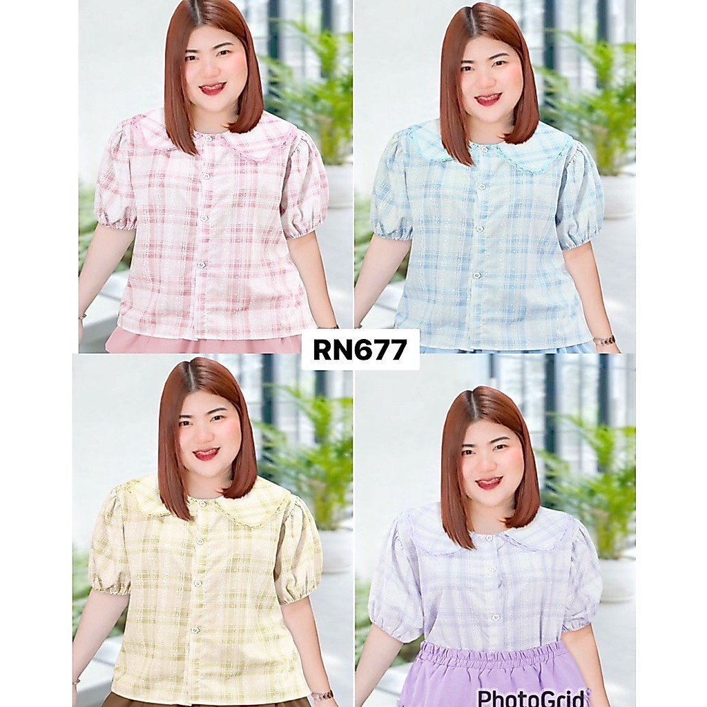 RN676.เสื้อปกบัวสาวอวบ ลายสก็อตพาสเทลพิมลายดอก รุ่นขอบกุ้นลูกไม้ อก48“