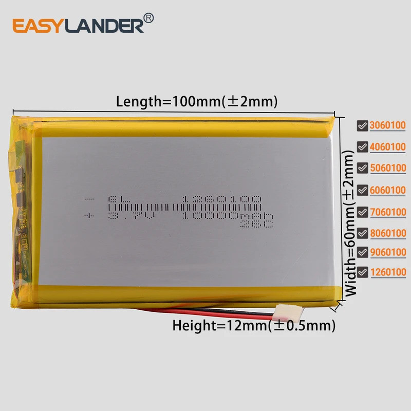 1260100 แบตเตอรี่ลิเธียมโพลิเมอร์ลิเธียมไอออน 3.7V 10000mAh 3060100 4060100 5060100 6060100 7060100 