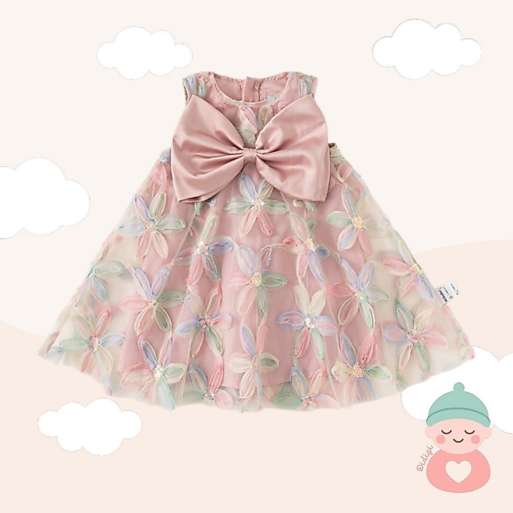 เดรสเด็กผู้หญิง ชุดราตรีเด็ก แขนกุด สีชมพู กระโปรงฟูผ้าตาข่าย | โบว์ + ดอกไม้เลื่อม