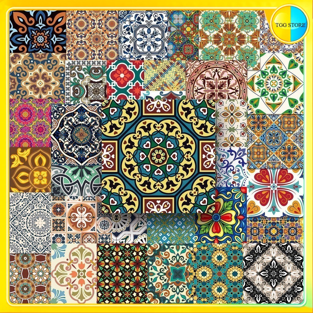 🚚พร้อมส่ง🚚 50ชิ้น สติกเกอร์ ลายกระเบื้องย้อนยุค Retro Tile Pattern Sticker กันน้ำ DIY