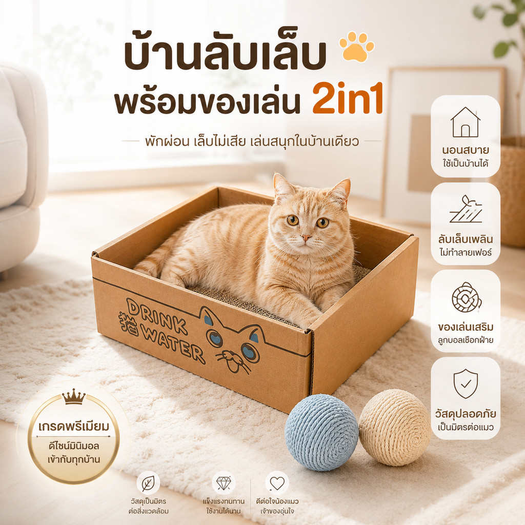 พร้อมส่ง! ที่ลับเล็บแมว 3in1 ป้องกันโซฟาข่วน ใช้เป็นที่นอนและเล่นได้ ทนทาน แมวชอบ
