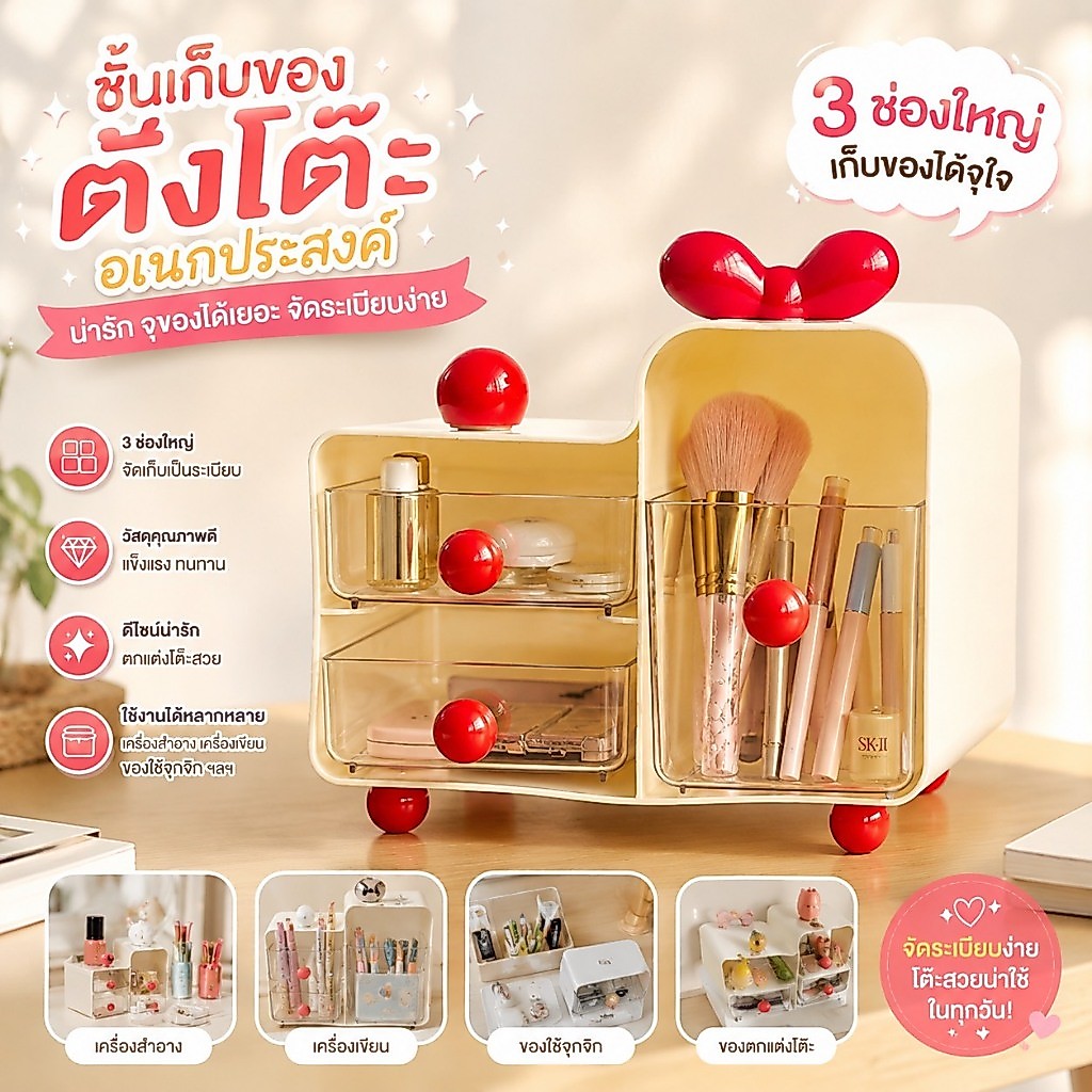 ชั้นเก็บของตั้งโต๊ะ 3 ช่อง เอนกประสงค์ น่ารัก พลาสติกอย่างดี