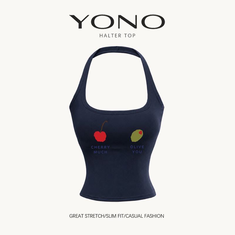 (พร้อมส่ง24ชม.) halter top เสื้อคล้องคอสีน้ำเงินเข้ม ลายเชอร์รี่มะกอกกับตัวอักษร ทรงเข้ารูป ฟีลมินิมอลหวานเท่