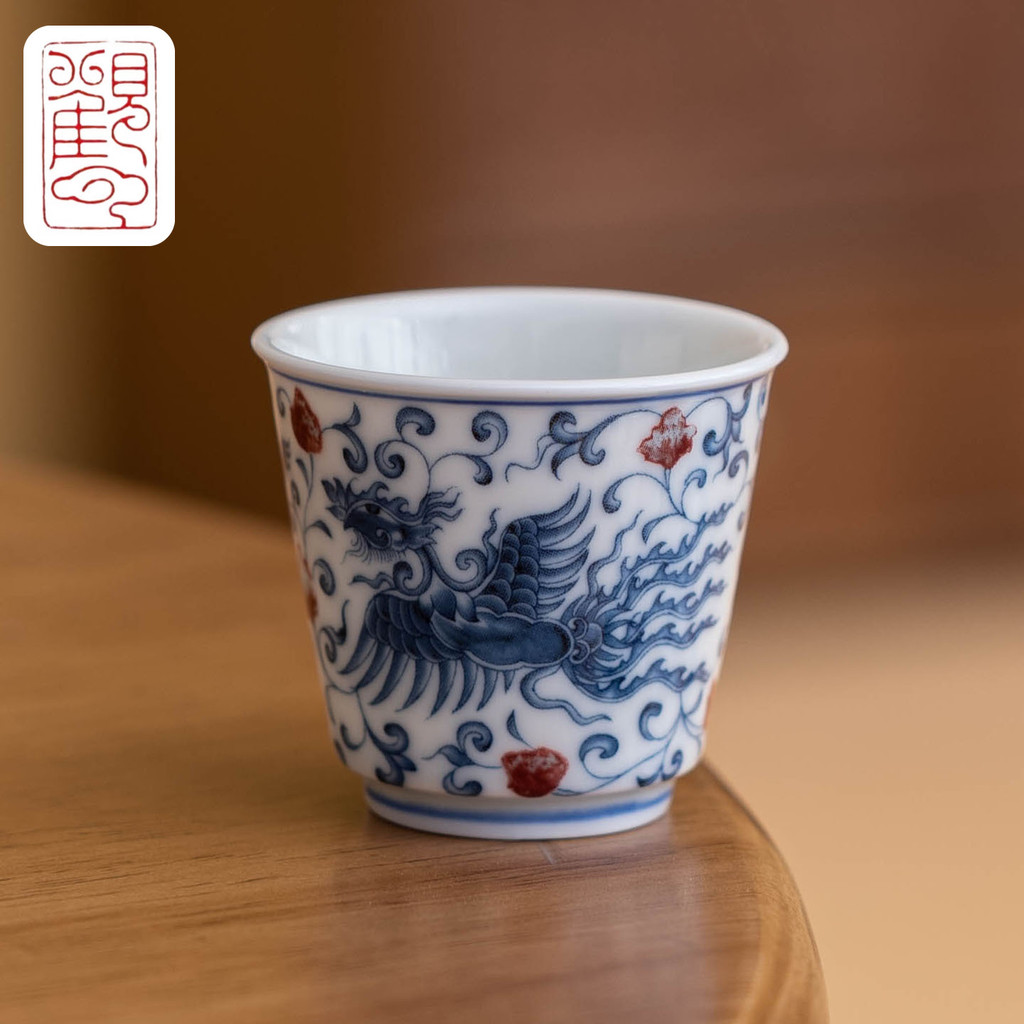 [กวนหยุน] โบราณสีฟ้าถ้วยชาสีขาวพอร์ซเลนสีขาวมังกรฟีนิกซ์เฉิงเซียงเซรามิกกังฟูชาชุดครัวเรือนโทถ้วยเดียวถ้วยชา