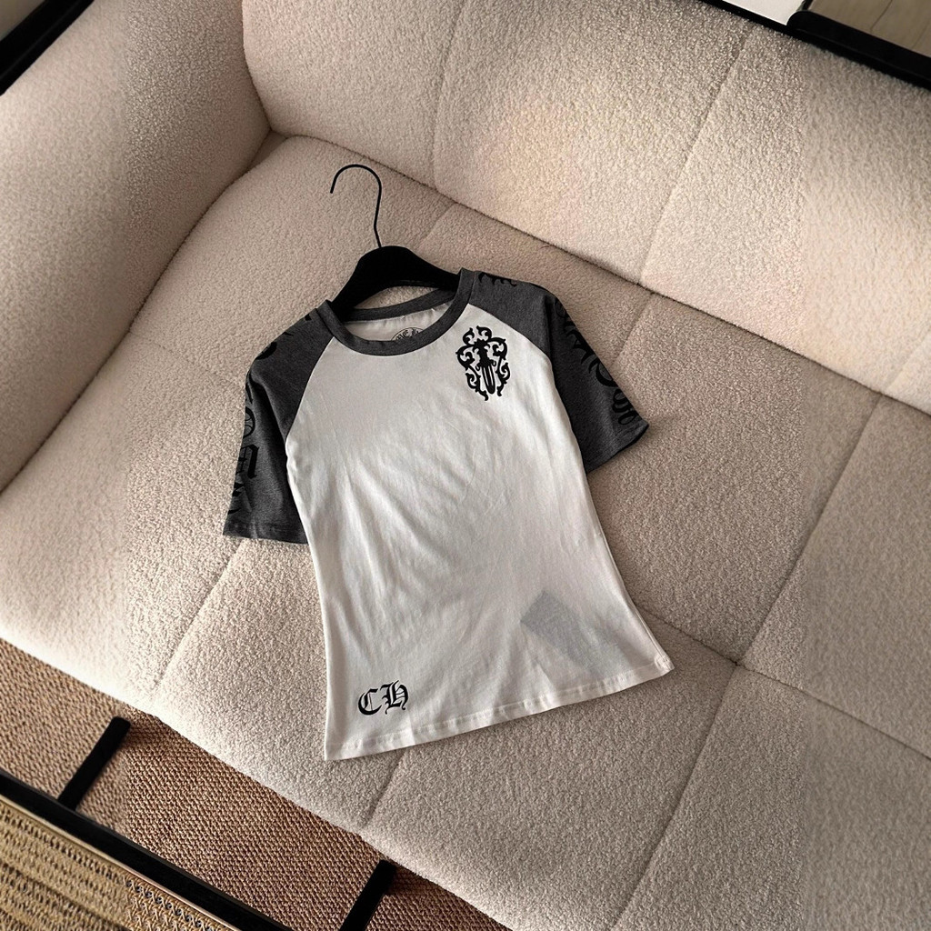S3FJ Chrome Hearts 25New Design Patchwork Color-Block Sanskrit Print Raglan Sleeve Slim Fit Short Sl