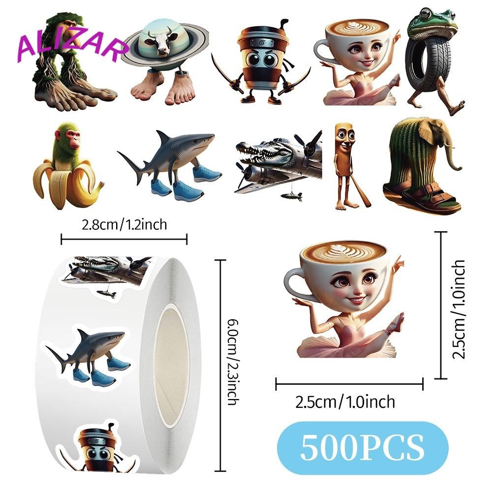 ALIZAR 500 ชิ้น/ม้วนปิดผนึกสติกเกอร์,อิตาเลี่ยน Brainrot AI บทคัดย่อ PVC DIY สติกเกอร์, Tung Sahur การ์ตูนแล็ปท็อป Decals