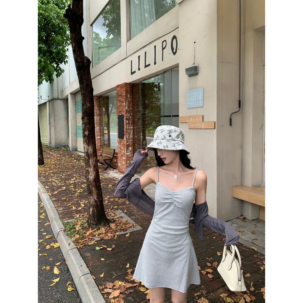 ชุดเซ็ทเสื้อคลุมคาร์ดิแกนและเดรส ลายทาง สไตล์ฤดูใบไม้ร่วง กระโปรงสั้น