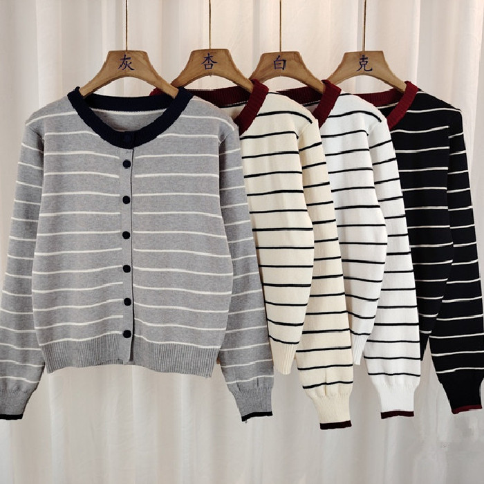 เกาหลีย้อนยุคลายถัก.cardigan แขนยาว สำหรับผู้หญิง สไตล์สบายๆ ทรงหลวมรอบคอดูหรูหรา