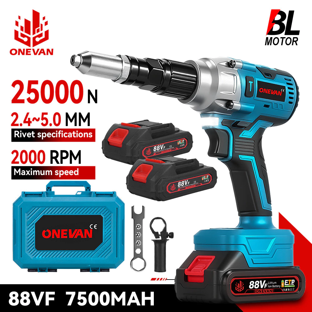 ONEVAN 25000N เครื่องยิงรีเวท ปืนหมุดย้ําไฟฟ้าแบบไม่มีแปรงไร้สาย LED Rivet Nut Gun เจาะเครื่องมือโลดอัตโนมัติ