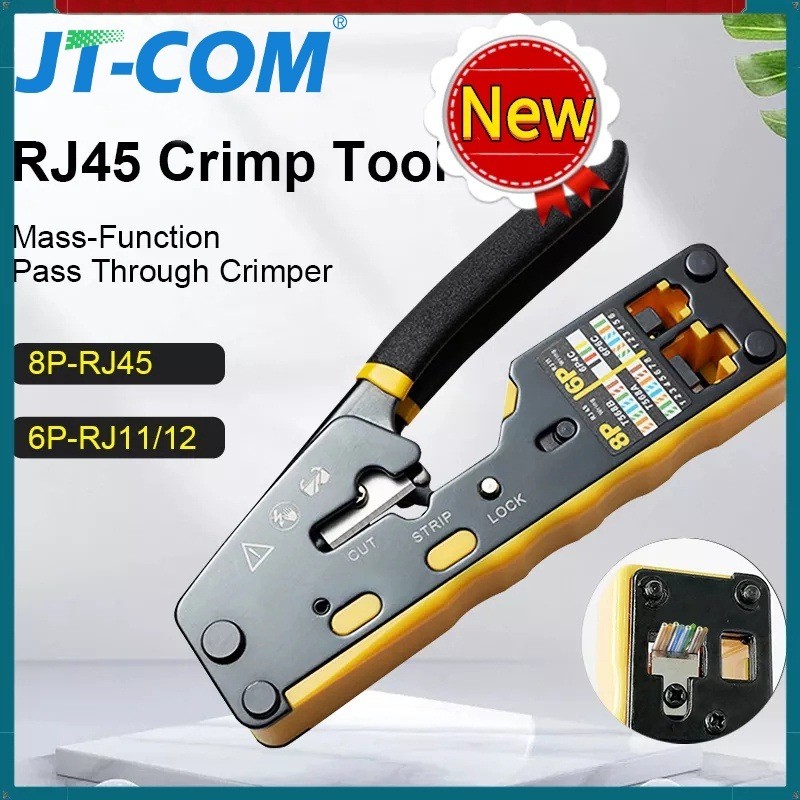 JT-COM RJ45 Crimp เครื่องมือผ่านสําหรับ CAT6 CAT5E Pass Thru Ethernet Modular ปลั๊ก 8P8C Crimping TO