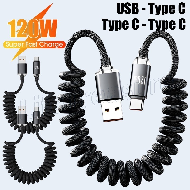 สายเคเบิลข้อมูลสปริง Type C คู่ 120W - สายขดชาร์จเร็ว - สําหรับ IPhone, Samsung, Xiaomi - Retractable, Universal, ทนทาน - สายถัก USB ถึง Type-C