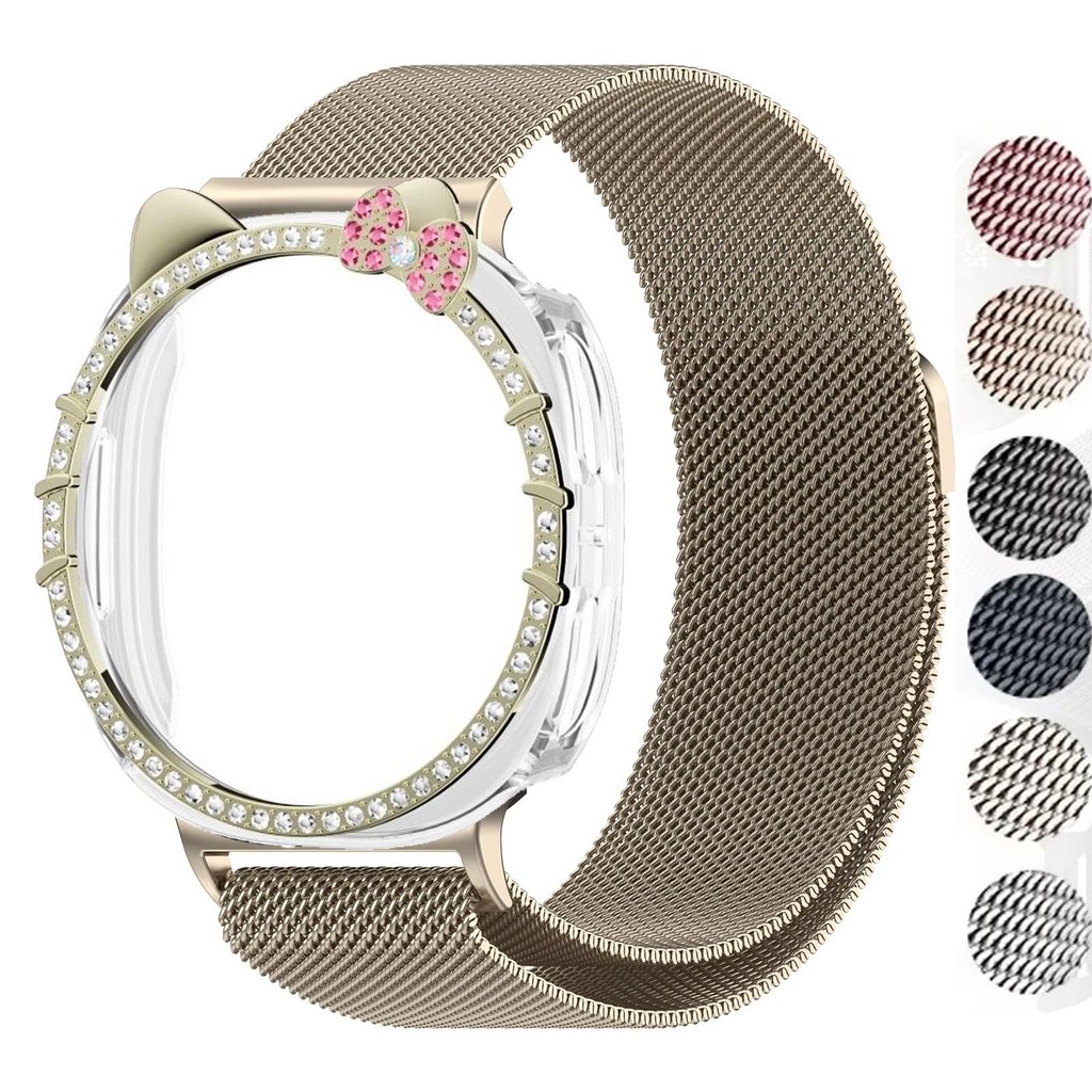 เคสเพชรน่ารัก + สายโลหะ Milanese สําหรับ Samsung Galaxy Watch 8 44 มม.40 มม.,สร้อยข้อมือแม่เหล็ก Galaxy Watch 8 40 มม.PC Hard Hollow Protector Shell Cover