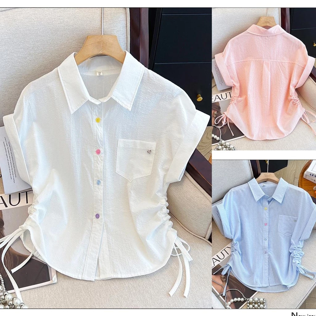 Chili Koko เสื้อเชิ้ตลายทางแขนสั้นสำหรับผู้หญิง, เสื้อเชิ้ตทรงหลวมลำลองฤดูร้อน 99177