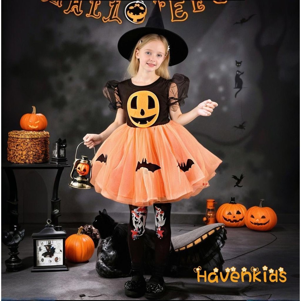 ชุดคอสตูมฮาโลวีนสำหรับเด็กหญิงอายุ 0-4 ปี ดีไซน์แบบเจ้าหญิง สไตล์หวาน พิมพ์ลายฟักทองและค้างคาว