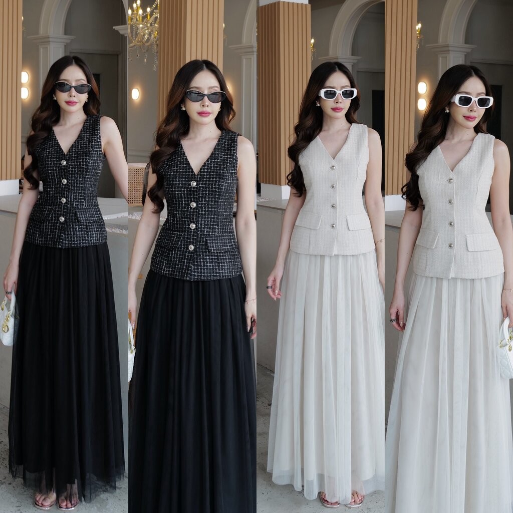 #5234 HILOOK ชุดเชต เสื้อแขนกุดคอวีกระดุมหน้า ผ้าทวิท + กระโปรงยาวผ้าด้านในละเอียด