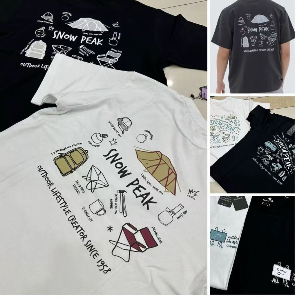 Spot Snow Peak เต็นท์ด้านหลังผ้าฝ้ายแท้สําหรับผู้ชายและผู้หญิงการ์ตูนแคมป์ปิ้งพิมพ์เสื้อยืดแขนสั้น S