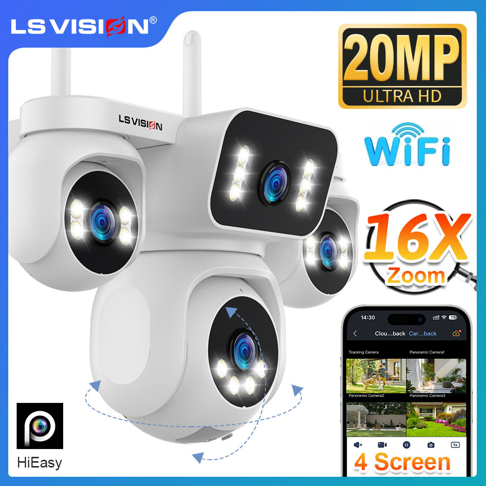 LS VISION กล้อง PTZ 20MP 4 เลนส์ 360° กล้องวงจรปิด 16X Zoom Dual Light Source & 4-Way Playback ip66 กันน้ํา
