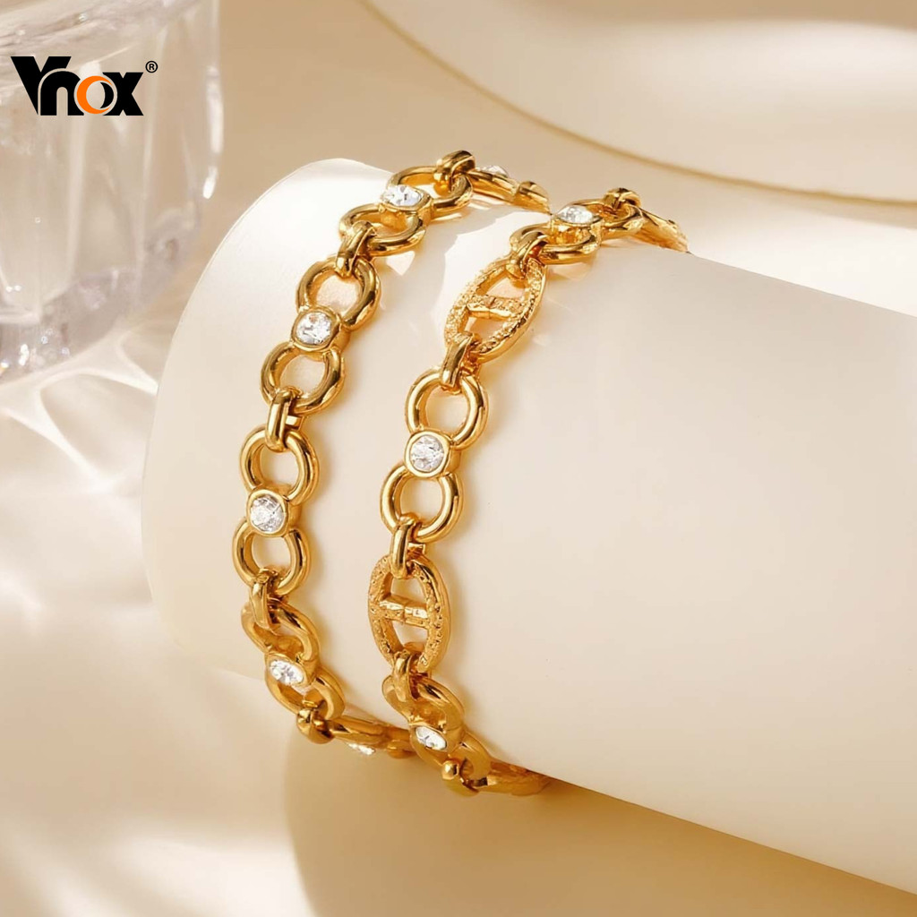 Vnox Zircon Cubic Handmade Infinity Link สร้อยข้อมือผู้หญิง,ทองสแตนเลสกันน้ําสร้อยข้อมือแฟชั่นเครื่องประดับ