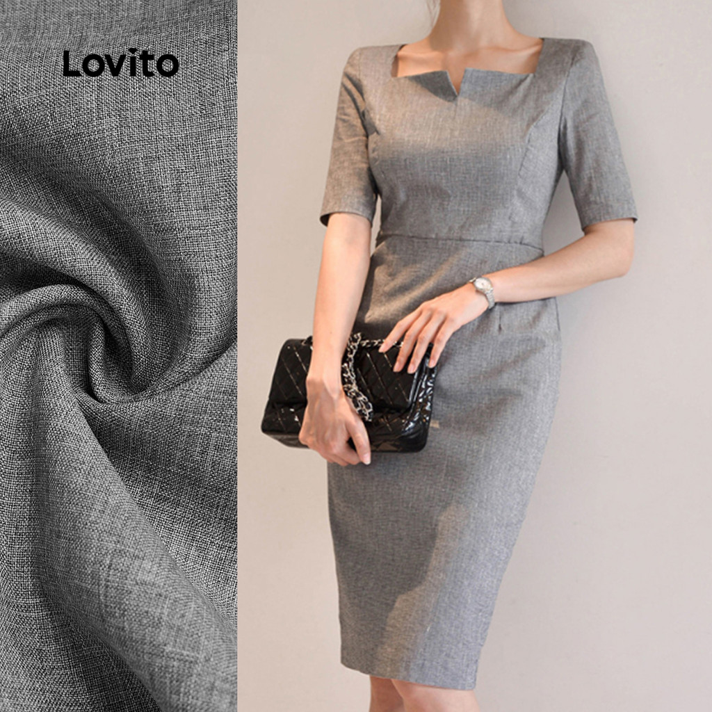 Lovito ชุดเดรสหรูหราผ้าด้าน เรียบง่ายและเหมาะกับทุกโอกาส ชุดเดรสสีเทาสำหรับฤดูใบไม้ผลิ/ฤดูร้อน L138ED182
