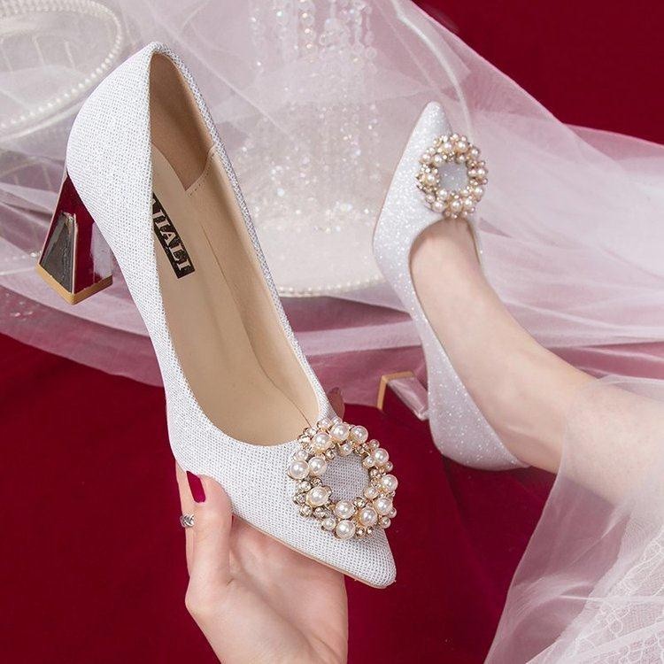 HM1 รองเท้าเจ้าสาว 2021 แฟชั่นงานแต่งงานฝรั่งเศสหญิงเพื่อนเจ้าสาว crysta รองเท้าส้นหนารองเท้าเดียว D