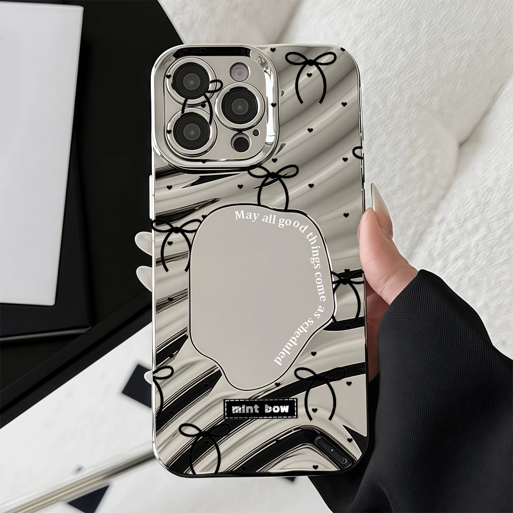 ส่งจากไทย เคสสำหรับไอโฟน13 โบว์ ไฮโซ สร้อยข้อมือ เคสกระจกลายหยัก For iPhone12 13 14Pro MAX 16 15PLUS