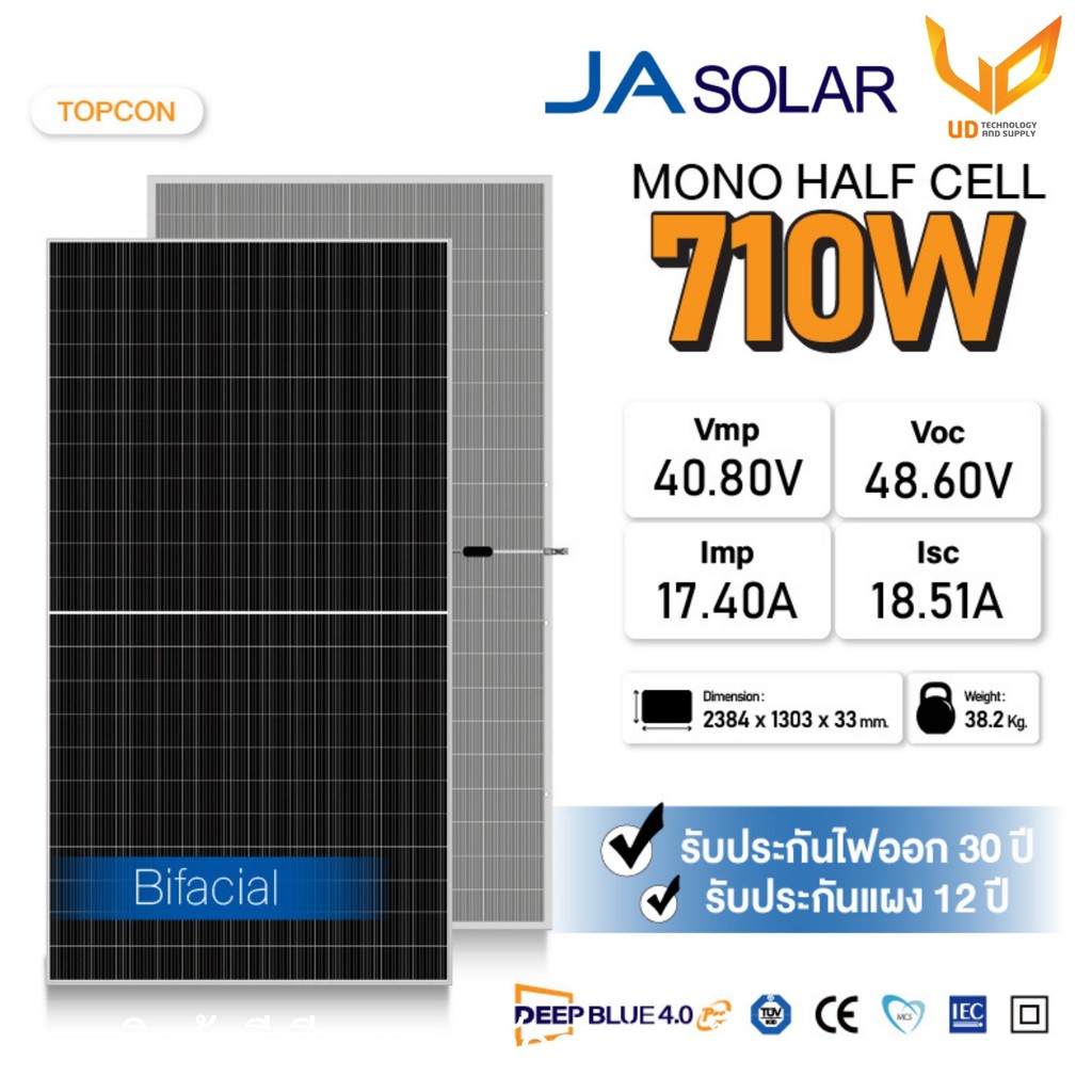 ฟรีค่าส่ง !! แผงโซล่าเซลล์ JA Solar 710W N-type Double Glass Bifacial รับแสง2ด้าน รับประกันแผง 12 ปี