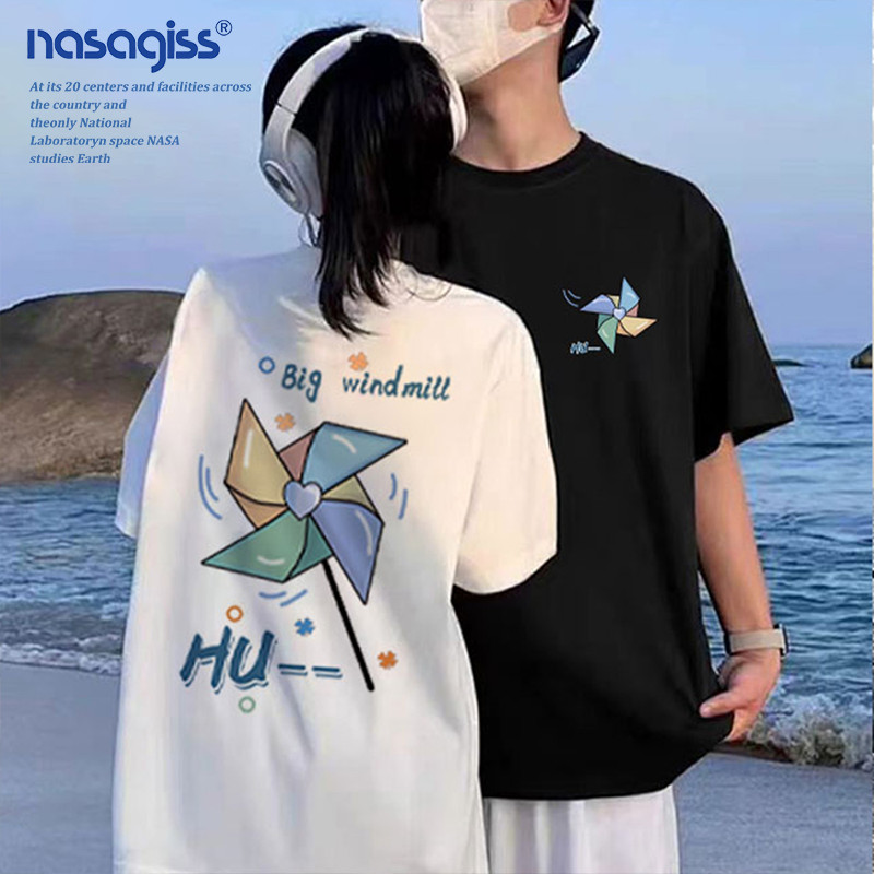 NASA เสื้อยืดคู่แขนสั้น สไตล์ลำลอง summer กังหันลมกระดาษ พิมพ์ลาย คอกลม ทรงพอดีตัวระบายอากาศ เสื้อยืด รุ่นคู่รัก