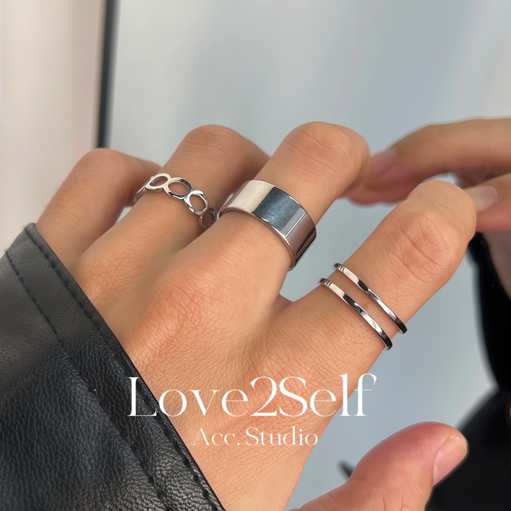 Love2Self J051 Non Rusty สแตนเลส 3 ชิ้นแหวนเงินผู้ชายชุดขนาด 8 แหวนกันน้ําสําหรับชาย